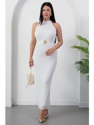 Kalopya Halter Yaka Beli Tokalı Bağlamalı Elbise GRS4023