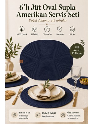 Fabrix Home 6'lı Pamuk Örgü Oval Supla Seti Lacivert 30X40 cm Amerikan Servis Takımı