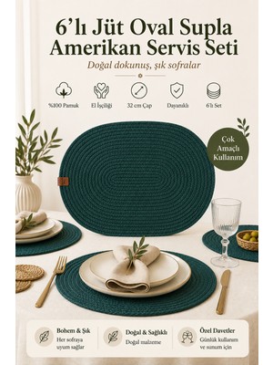 Fabrix Home 6'lı Pamuk Örgü Oval Supla Seti Yeşil 30X40 cm Amerikan Servis Takımı