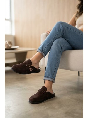 Shoetek Ralena Kadın Terlik Bantlı Tokalı Kahverengi Süet