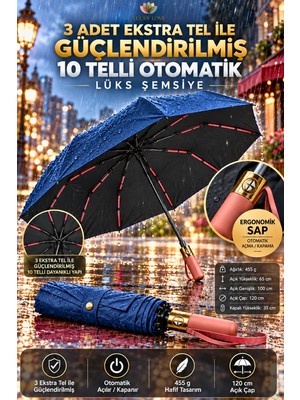 Lucky Love Ekstra Güçlendirilmiş 10 Tellilüks Otomatik Şemsiye Rüzgara Dayanıklı Su Geçirmez Uv Korumalı Askı Kulplu