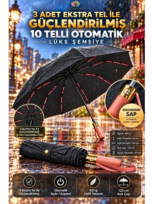 Lucky Love Ekstra Güçlendirilmiş 10 Tellilüks Otomatik Şemsiye Rüzgara Dayanıklı Su Geçirmez Uv Korumalı Askı Kulplu