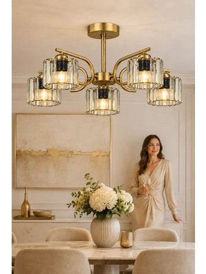 Esslight Asel 5’li Eskitme Plafonyer Kristal Taşlı Avize Salon Mutfak Yatak Odası