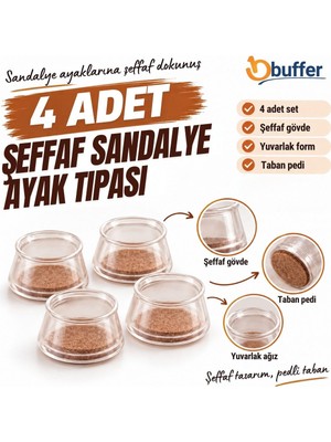 Buffer Şeffaf Yuvarlak Sandalye Ayak Tıpası 4 Adet, Taban Pedli Sandalye Ayağı Koruyucu Başlık Seti, Mobilya Ayak Koruma