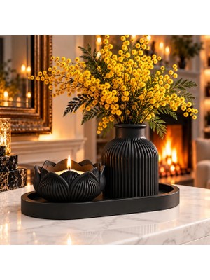 Siyah Lotus Kase ve Çizgili Vazo Seti – 3’lü El Yapımı Tepsili Minimalist Dekor – Modern Ev & Ofis Aksesuarı