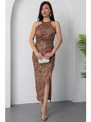 Kalopya Halter Yaka Yırtmaçlı Pullu Midi Abiye Elbise BAL143