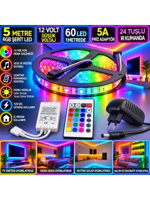 Powerr Led Aydınlatma 5m 12V 60 Ledli Iç Mekan Rgb Şerit LED 5A Priz Adaptör 24 Tuşlu Ir Kumandalı Set