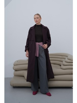 Cey Moda Kadın Oversize Kruvaze Yaka Kol Apoletli Astar Detaylı  Kuşaklı Uzun Trençkot