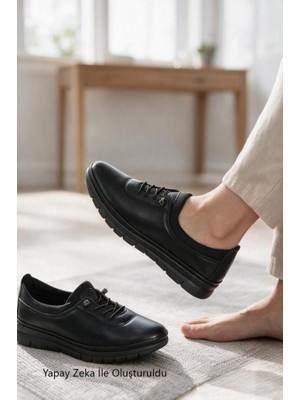 Wanetti Kadın Siyah Comfort Taban Lastikli Atom 37-41 Numara Anne Ayakkabı