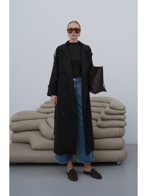 Cey Moda Kadın Oversize Kruvaze Yaka Kol Apoletli Astar Detaylı  Kuşaklı Uzun Trençkot