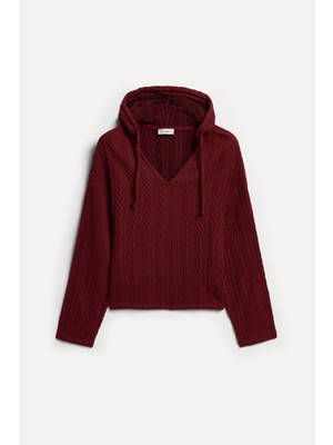 Mudo Kadın Kırmızı Jakarlı Loose Fit Kapüşonlu Sweatshirt