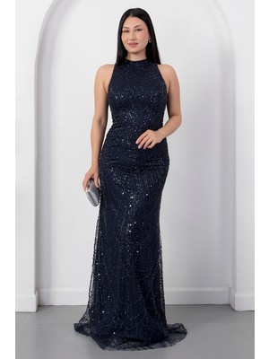 Kalopya Halter Yaka Boncuklu Tül Elbise 41091