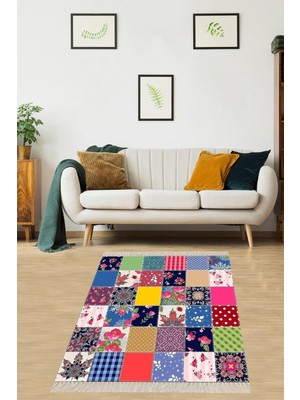 Pelangi Patchwork Desenli Dijital Baskı Yıkanabilir Kaymaz Taban Etnik Salon Halısı ve Yolluk, K