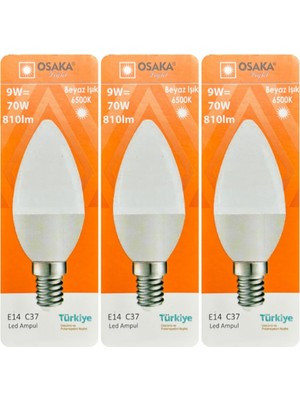 9W (70W) Beyaz Işık (6500K) E14 LED Mum Ampul, 3 Adet