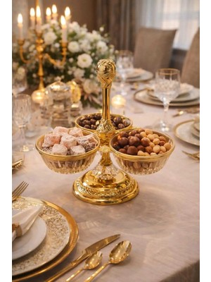 Rasha Collection Gold 3 Gözlü Kuruyemişlik – Dekoratif Çerezlik Lokum ve Kuruyemiş Sunumluk