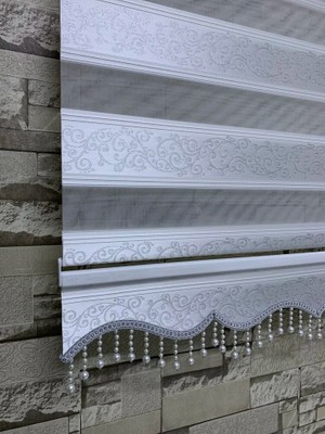 Perdeciniz Gümüş Simli Jakarlı Sarmaşık Desen Zebra Perde(Etek Boncuklu) Enxboy