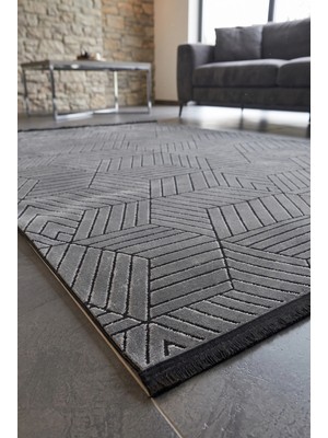 Fenomen Carpet Capris 6244 Modern Dokulu Geometrik Desenli Antrasit Gri Halı Oturma Odası Salon Halısı