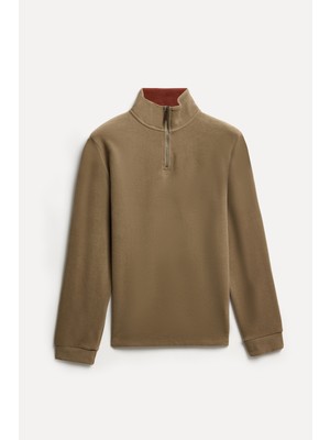 Mudo Erkek Vizon Rengi Fermuarlı Dik Yaka Sweatshirt
