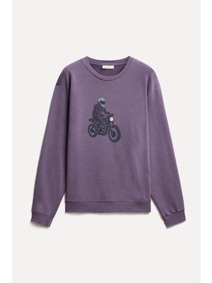 Mudo Erkek Mor Baskılı Oversize Bisiklet Yaka Sweatshirt