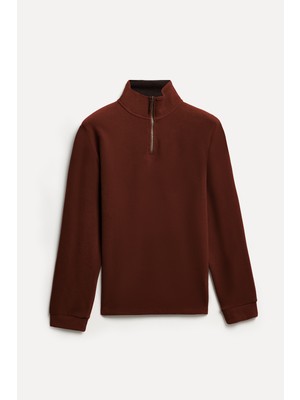 Mudo Erkek Kiremit Rengi Fermuarlı Dik Yaka Sweatshirt