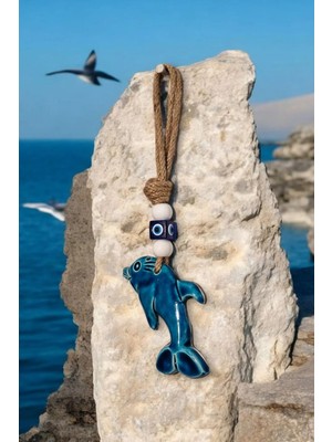 Revard Home Nazar Boncuklu Sevimli Yunus Figürlü Seramik El Yapımı Dekoratif Duvar Süsü Eşyası 9X25 cm