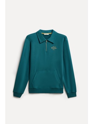Mudo Erkek Petrol Nakışlı Comfort Fit Fermuarlı Dik Yaka Sweatshirt