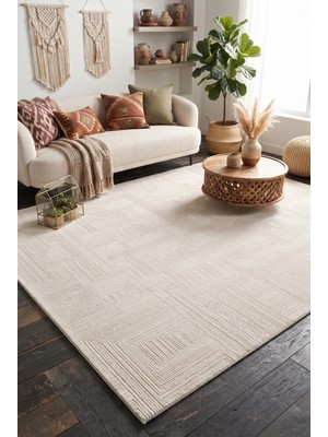 Fenomen Carpet Talya 46335A Modern Geometrik Desenli Krem Dokuma Halı Oturma Odası Salon Yatak Odası Mutfak Koridor Halısı Tozumaz Krem
