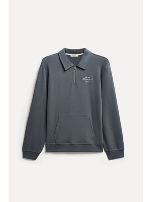 Mudo Erkek Gri Nakışlı Comfort Fit Fermuarlı Dik Yaka Sweatshirt