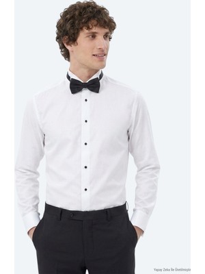 Kip Beyaz Düz Slim Fit Duble Manşet Smokin Gömlek