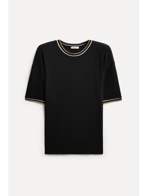 Mudo Erkek Siyah Çizgili Oversize Bisiklet Yaka T-Shirt