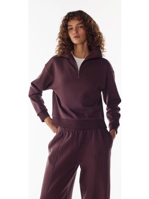 Penti Koyu Bordo Yarım Fermuarlı Şardonlu Sweatshirt