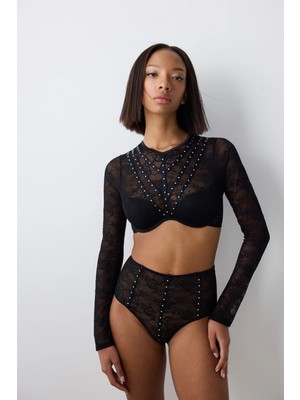 Penti Shinny Lace Dantel Uzun Kollu Siyah Croplet