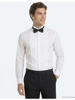 Kip Beyaz Düz Slim Fit Duble Manşet Smokin Gömlek