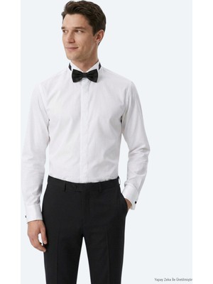 Kip Beyaz Düz Slim Fit Duble Manşet Smokin Gömlek