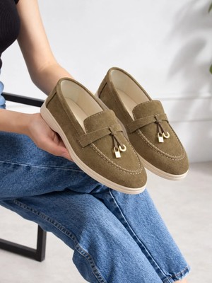 Dabab Shoes Lupy Kadın Haki Süet Loafer Ayakkabı Gold Aksesuarlı Ortopedik Rahat Taban Casual Babet