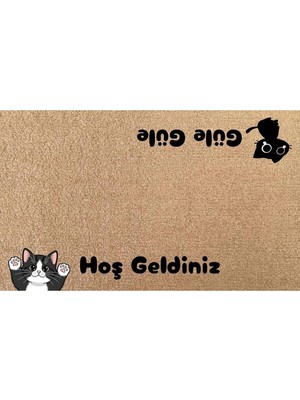 Eldione Kaymaz Tabanlı Baskılı Şık Kapı Önü Paspası 45X70 cm Coco Hasır Görünümlü Velür Kedi Paspası