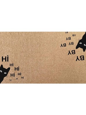 Eldione Kaymaz Tabanlı Baskılı Şık Kapı Önü Paspası 45X70 cm Coco Hasır Görünümlü Velür Kedi Figürlü Paspas