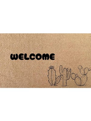 Eldione Kaymaz Tabanlı Baskılı Şık Kapı Önü Paspası 45X70 cm Coco Hasır Görünümlü Velür Kaktüs Paspası