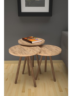 Mobezzo Zigon Sehpa Ahşap Ayaklı Yuvarlak Çam 3'lü 34 cm Derinlik ve 52 cm Yükseklik ile Modern Tasarım