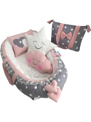Nest Gri Yıldızlı Jaju-Babynest Anne Yanı Lüx 5'li Babynest Set