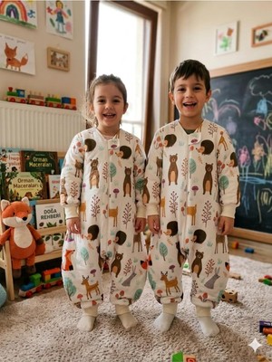 Kollu Elyaflı 2.5 Tog Uyku Tulumu, %100 Doğal Pamuk, Çift Kat Pazen, Unisex, 6-12 Ay, Çok Renkli