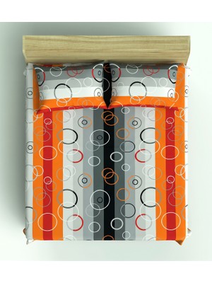 Maki Home Makiteks %100 Pamuklu Çift Kişilik Çarşaf 160X200+2*(50X70) Turuncu ve Gri Çizgili Geometrik Halka Desenli