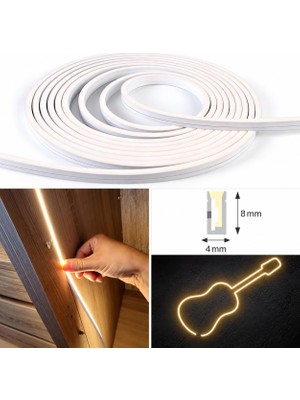 Ince Neon LED Şerit 5 Metre, 4 × 8 Mm, 3000K Günışığı, Dc 24V, IP67, Esnek Dekoratif Aydın
