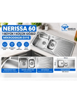 FREKANS Nerissa 60 Paslanmaz Çelik Mikrodekor Evye – 1,5 Gözlü Sağ Damlalıklı Mutfak Lavabosu