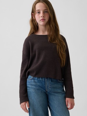 Gap Kız Çocuk Koyu Kahverengi Oversized Waffle T-Shirt