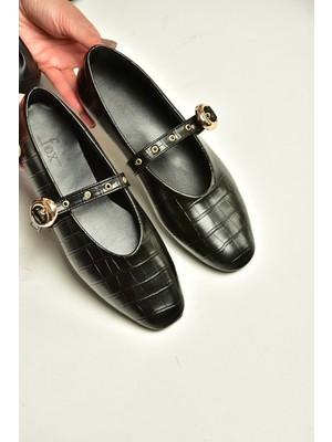 Fox Shoes Z920350011 Siyah Kroko Basklı Kadın Babet