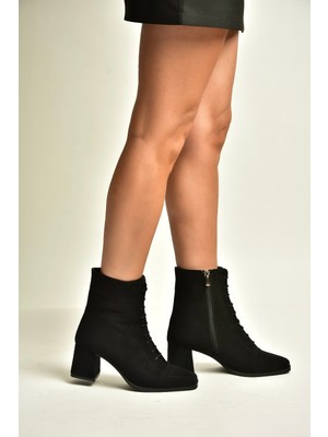 Fox Shoes Z920103502 Siyah Süet Kalın Topuklu Bağcıklı Kadın Bot