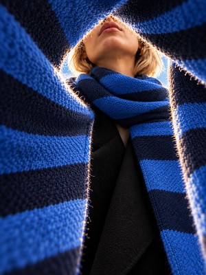 Retrobird Retro Çizgili Oversize Triko Atkı Unisex Saks Mavi
