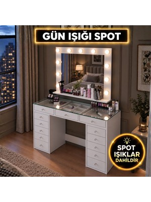 Rani Mobilya Rani BJ261 Hollywood Gün Işığı Aynalı Cam Tablalı Makyaj Masası 13 Çekmeceli Takı Düzenleyici Beyaz