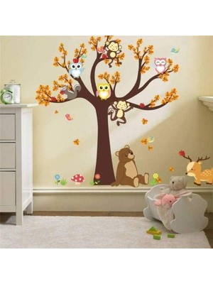 Tr Çocuk ve Bebek Odası Orman Ağaç Maymun Kelebek Ayı Geyik Baykuş Duvar Görsel Sticker Pvc